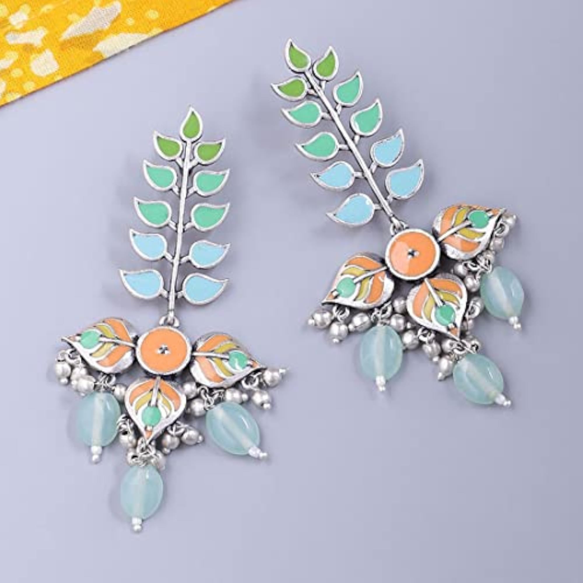 Enamelled Leaf Beaded Dangle Earrings