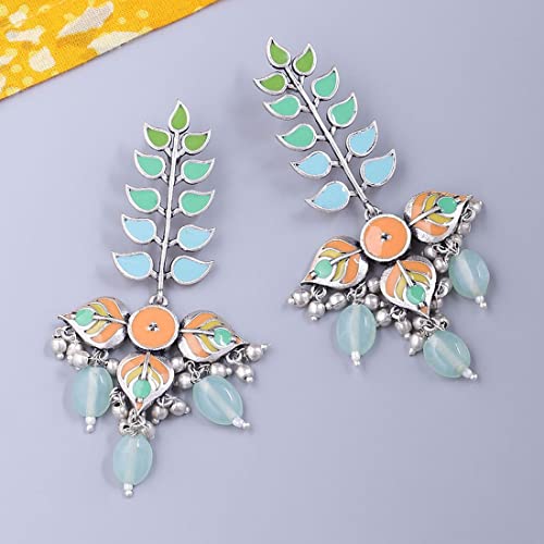 Enamelled Leaf Beaded Dangle Earrings