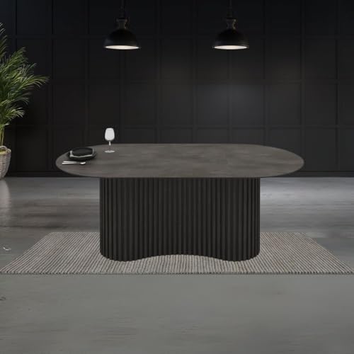 Tavolo Ovale Fisso Piano Effetto Marmo Ardesia Opaco e Base in Legno cannettata Oscar 200x100x76H