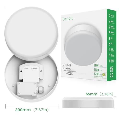 Genatu Deckenleuchte, Badezimmer Lampe Decke wasserdicht IP65, 19W kreisförmige, Badlampe Decke, entspricht 126W 4000K natürliches Weiß, runder Durchmesser 20 cm moderne LED-Deckenleuchte für Toilette