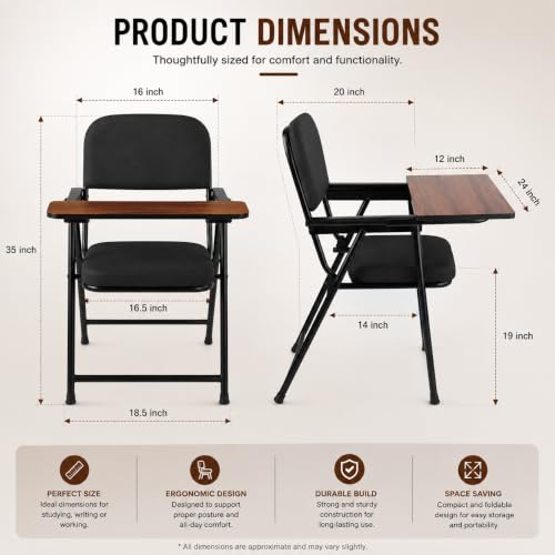 Image of Study Chair for Home with Writing Pad, Cushioned Seat & Backrest, Sturdy Metal Frame, Chair for Students, Reading, Writing & Study Room, Black
