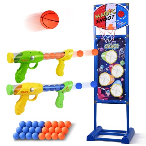 AWBETY Juegos de Tiro al Blanco, Pistola de Juguete 2 en 1 para Niños con Canasta de Baloncesto - Lanzador de Bolas de Espuma con Diana - 24 Bolas - Regalo Cumpleaños para Niños y Niñas 8+ Años