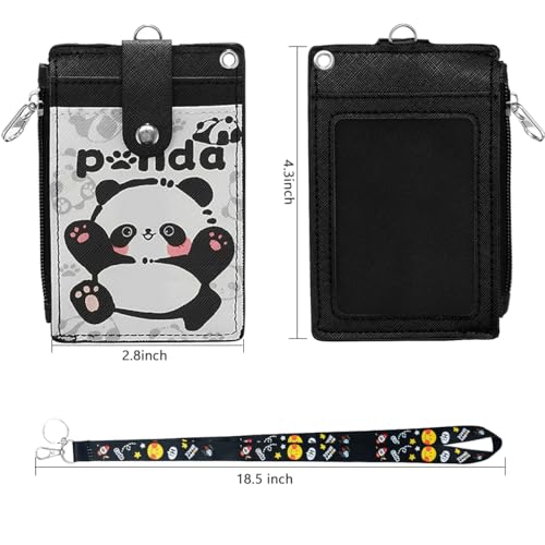 Image of ID Badge Holder with Lanyard,Cute Panda Work Badge with Zipper Pocket, 2-Sided Functional Card Wallet with 3 Card Slots and Detachable Keychain for Teacher Student Nurse Worker (Black)