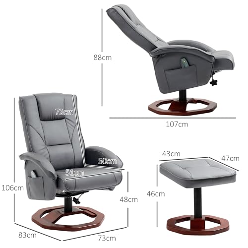 HOMCOM Relaxsessel Massagesessel mit Hocker Fernsehsessel mit Liegefunktion 360° drehbar mit Seitentasche Kunstleder 73 x 83 x 106cm Dunkelgrau – Bild 4