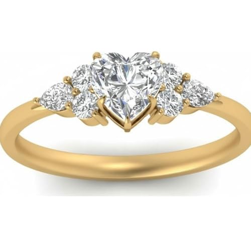 Image of Choose Your Color Heart Shape Accented 14k Yellow Gold Plated Engagement Ring Side Stone Daily Wear Chakra Healing Party Wear Birthstone Engagement Rings : US Size 4 to 12