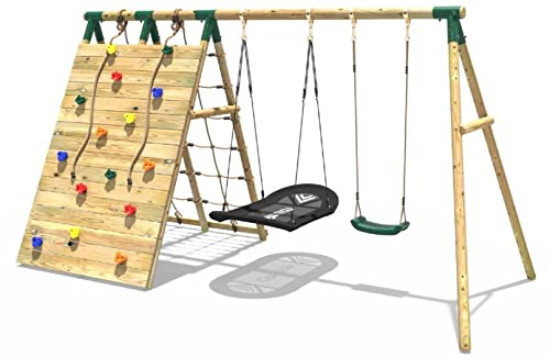 Rebo® Beat The Wall Wooden Swing Set with Double Up and Over Climbing Wall – Vertex | OutdoorToys | Sturdy Wooden Construction, Pressure Treated Timber