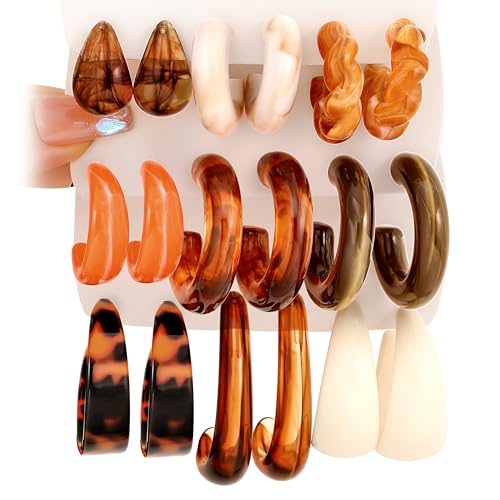 Chunky Gold Hoop Earrings for Women: 9 Pairs 14k Gold-Plated Resin Hoop Earrings Thick Open Twisted Huggie Hoops Fashion Jewelry Gifts