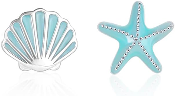 Blue Sea Shell Starfish Asymmetric Stud Earrings for Women 925 Sterling Silver Tiny Small Star Enamel Seashell Huggie Studs Earring Cute Jewelry Gifts Summer Beach Hypoallergenic