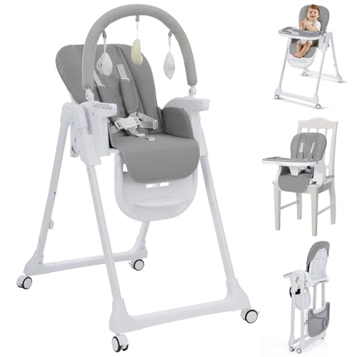 Ezebaby Foldable Baby High Chair, 3-in-1 Convertible High Chairs to Booster Seat, Portable High Chair with Adjustable Height and Recline, Removable Tray & Toy Bar