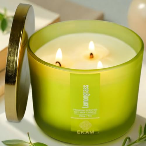 Image of EKAM 3 Wick Soy Wax Scented Candle | Lemongrass Fragrance | 35 Hr Burn | Long Lasting Premium Jar Candle for Home Decor, Relaxation & Aromatherapy