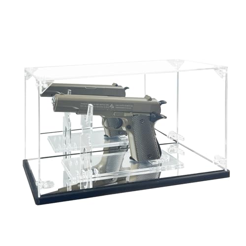 Pistol Display Case, Clear Acrylic Gun Display Case with Pistol Display Stand,Single Handgun Revolver Case with Double Mirror & Black Wood Plastic Base, Dust-Proof&UV Protection for Gun