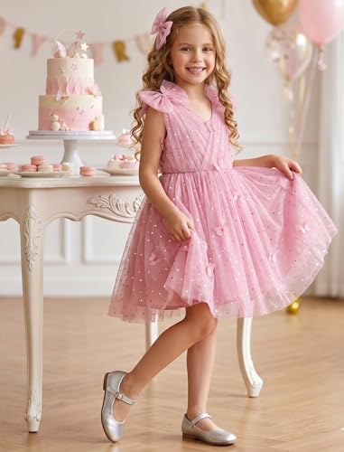 Image of IMEKIS Toddler Kids Girls Butterfly Dress Sparkle Sequins Tulle Wedding Formal Birthday Dresses 2-10T
