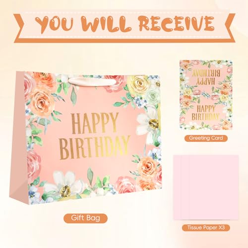 Image of JMANNI Large Happy Birthday Gift Bag with Tissue Papers and Greeting Card,Portable Paper Gift Bags with Handles,Pink Floral Present Bags for Women Birthday Party Mother's Day 13 inch x 10.2 inch x 4.7 inch