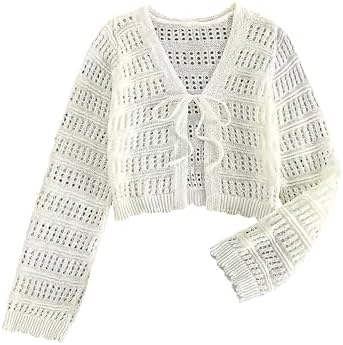 SOLY HUX Women's Hollow Out Tie Front Cardigan Crochet Knit Long ...