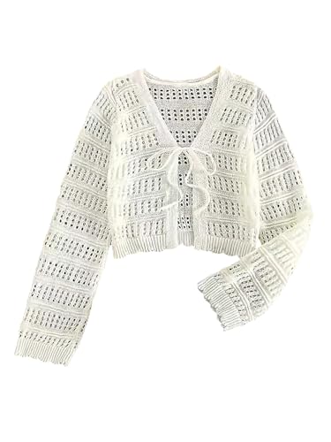 SOLY HUX Women's Hollow Out Tie Front Cardigan Crochet Knit Long Sleeve Lightweight Crop Tops