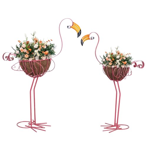 hogardeck Garden Decor for Outside, Set of 2 Pink Flamingo Planters with Basket, Metal Standing...