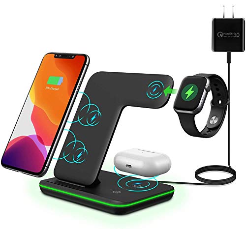 3 in 1 All Wireless 15w Fast Charging Station for Apple iPhones + Watch (S1 - S6: Built-in Watch Charging pad) + AirPods (2 & Pro) - Fast QC3.0 Adapter Included (Black)
