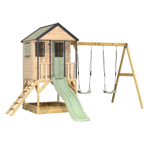 Wendi Toys M60 Stelzenhaus mit Rutsche und Doppelschaukel, Spielhaus aus FSC-Holz für Kinder Garten Outdoor, Podesthöhe 90 cm, 290×405×242 cm, mit 175 cm Rutsche, Sandkasten (Pastellgrün)