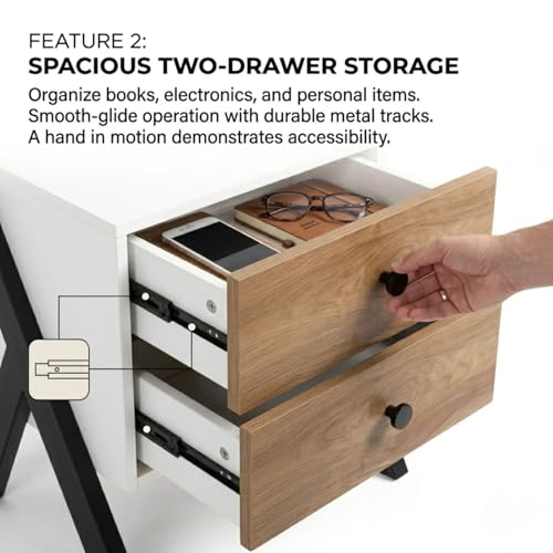 Image of FFO Modern Bedside Table with 2 Drawers | Wooden Nightstand with Metal Frame Legs | Compact Side Table for Bedroom | Storage Organizer Cabinet (60 x 35.8 x 45 cm).