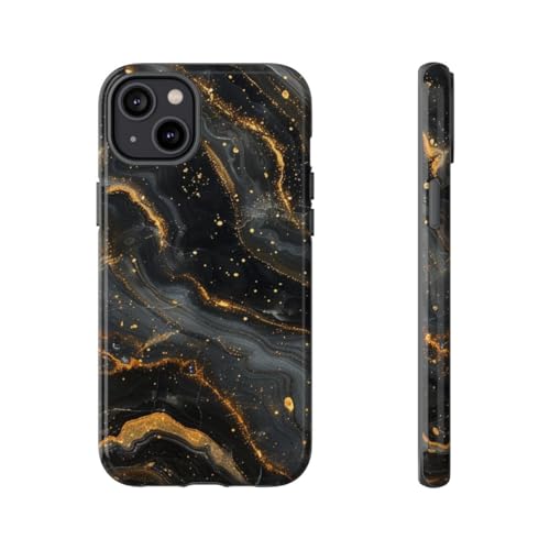 Coque iPhone 14 Plus rigide brillante marbre noir or chic