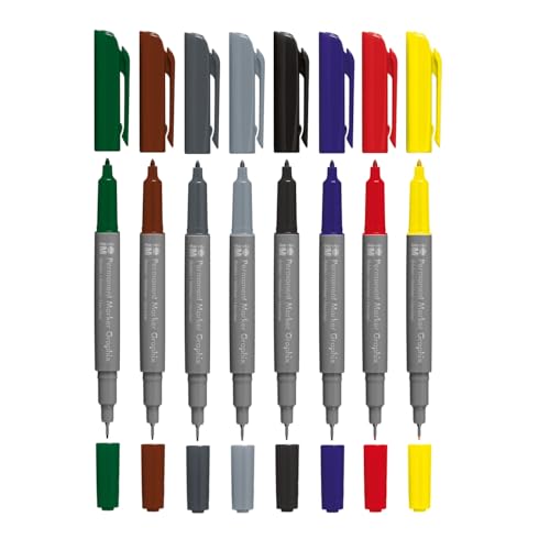 Marabu Graphix Permanent Marker Basic Colours Set di 8 colori, con doppia punta da 1-2 mm e 0,5 mm, colori brillanti, asciugatura rapida, inchiostro a base di alcool, a basso odore e impermeabile