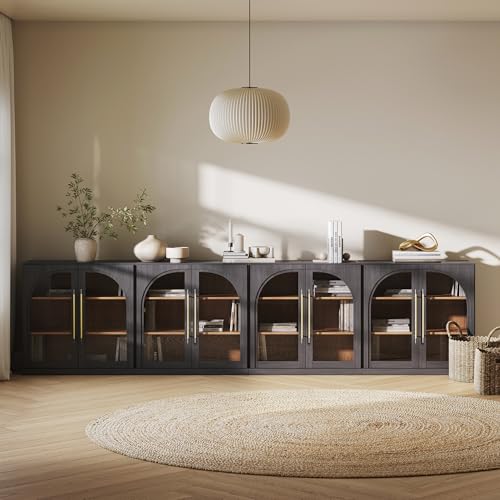 Image of BELLEZE Set of 4 Modular Sideboard with Arched Glass Door, 130'' Accent Buffet Cabinet with Storage and Adjustable Shelves,Classic Modern Credenza for Living Room Kitchen Entryway (Ebony)