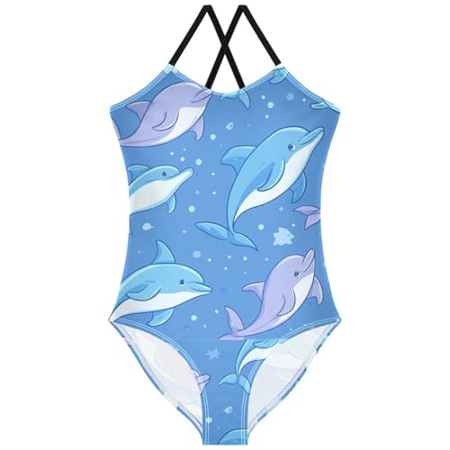 Pigsaly Girls One Piece Swimsuits Cartoon Dolphin Blue Purple Kids Cross Back Swimwear Toddler Beach Sport Bathing Suit 3T