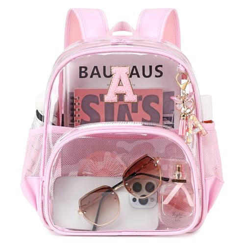 PIG PIG GIRL Clear Backpacks for Stadium Events Approved 12×6×12 Clear Bookbag for Women Mini Transparent Letter Back Pack, Pink, Letter-A