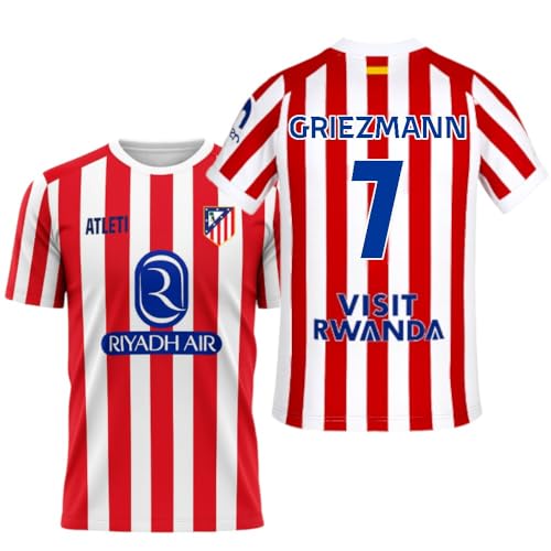 Atletico de Madrid - Camiseta Griezmann 25-26 | Dorsal 7 Estilo Jugador | Rayas Rojas clásicas | Tejido técnico Transpirable Fans rojiblancos (FR/ES, Letras, M, Regular, Regular)