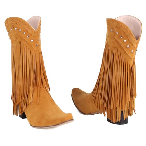 Image of KiutSymo Mid Calf Fringe Boots For Women Cowboy Pointed Toe Chunky Heels Cowgirl Western Tassel Boots