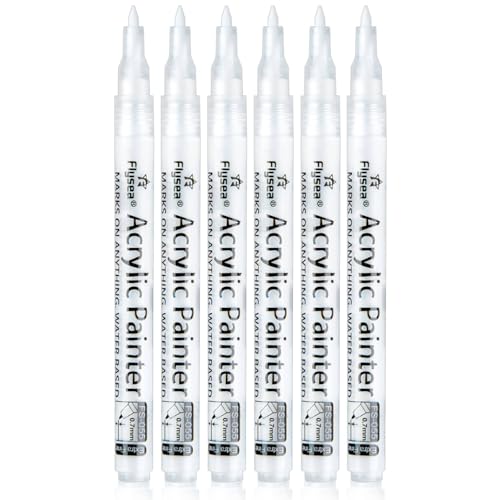 Reaeonat Acrylic Paint Pens 0.7mm Fine Tip Permanent Marker Pens Waterproof Acrylic Paint Pens for Rock Glass Metal Porcelain Canvas Pebble Wood Stone DIY (6 Pack White)