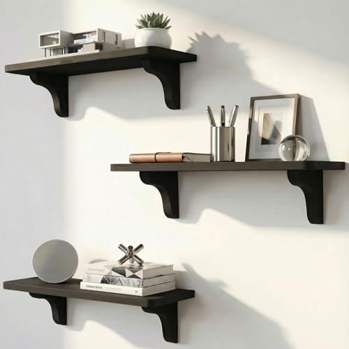 Real Wood Black Shelves for Wall - 17 inch (3