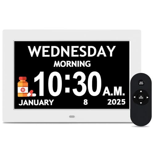 7'' Digital Clocks, 12 Reminders & 6 Alarms, Dementia Clock with Date and Time for Elderly, Auto-Dimming, Button & Remote Control, Auto DST, Digital Calendar for Seniors Large Display, Black Woodgrain