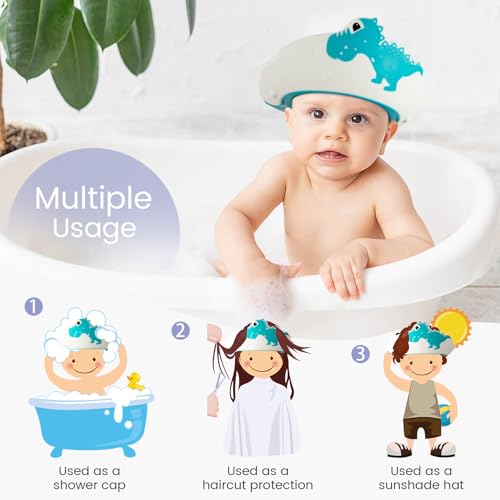 Image of FUNUPUP Baby Shower Cap for Kids, Baby Bath Shampoo Visor Cap Hair Washing Shield Adjustable, Set Blue Dinosaur