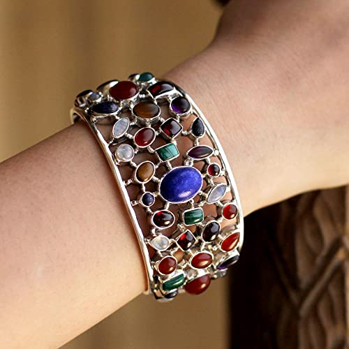 Novica Handmade Multigemstone Cuff Bracelet In Sterling Silver From India Amethyst Malachite Carnelian Lapis Lazuli Blue Clear Green Multicolor Purple Bollywood Birthstone 'Shimmering Confetti' #TOP2