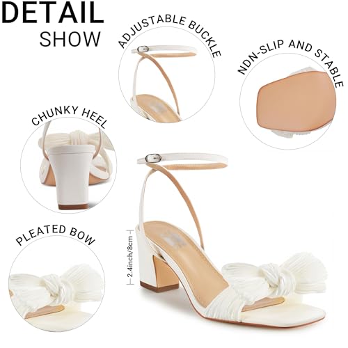 Huntarry Women's Bow Knot Heeled Sandals Ankle Buckle Strap Block Chunky Bow Heels with Square Open Toe for Bride Wedding Party Graduation Prom Heels2