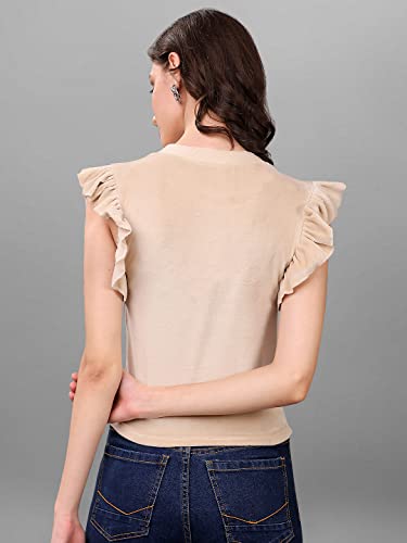Image of SXV Solid Beige High Neck Ruffle Sleeve Velvet Top
