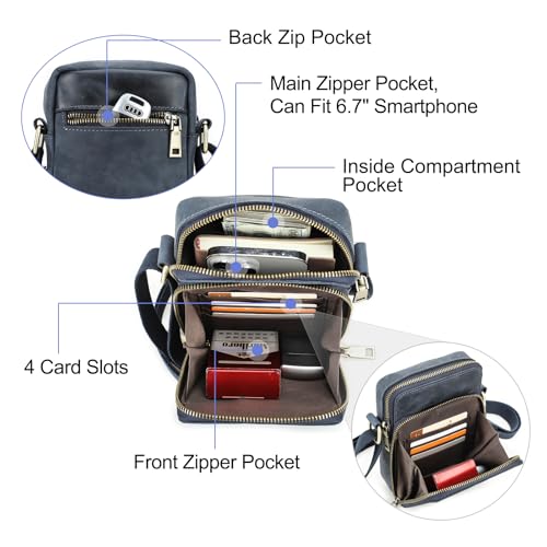 Hiram Authentic Leather Vintage Style Smartphone Bag for 6.7-inch Phones - Adjustable Strap, Top-Grain Leather (Blue)3