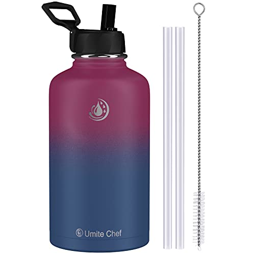 Umite Chef Stainless Steel Water Bottle with Straw, 64 OZ Wide Mouth Vacuum Insulated Sports Water Thermos Bottle with Leak-proof Wide Handle Straw Lid, Double Walled Flask Thermos Mug
