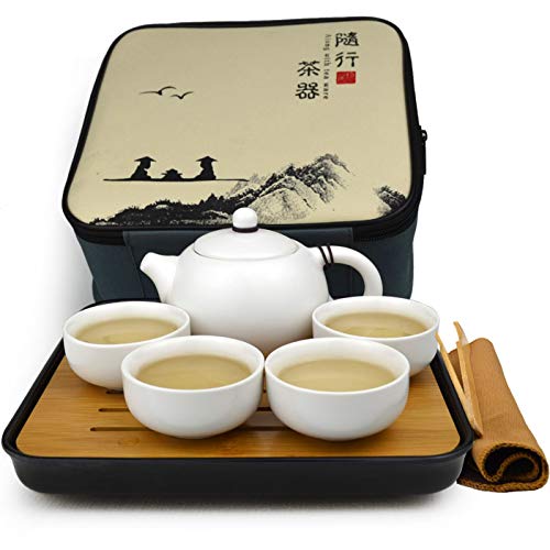 Yxhupot Travel Tea Set Kungfu Tea Pot Cups Tray with Gift Accessories Black Portable Packaging (white)