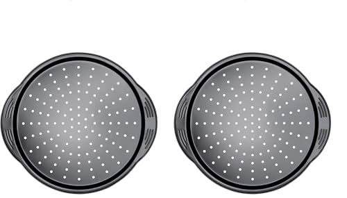 Image of PRESTIGE Non Stick Pizza Tray 12 inch - Aerolift Pizza Pan, Durable Carbon Steel with Extra Large Handles & Cushion Base, Pizza Oven Tray, 31 x 31 x 2 cm (Pack of 2)