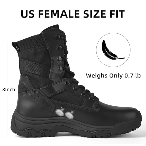 Image of Women's Tactical Boots, Motorcycle Combat Boots for Women | 8-inch work boots, side zipper; lightweight, breathable, water-resistant. For police, security, EMT, motorcycle