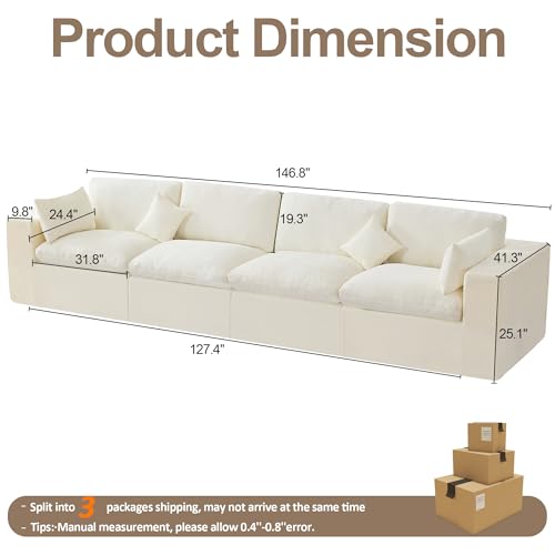 Image of 146''Cloud Boneless Sectional Couch, Modular Sectional Sofa Deep Seat, Oversized Upholstered Convertible Comfy 4 Seater Chenille Memory Foam Sofa Couches for Living Room, Beige