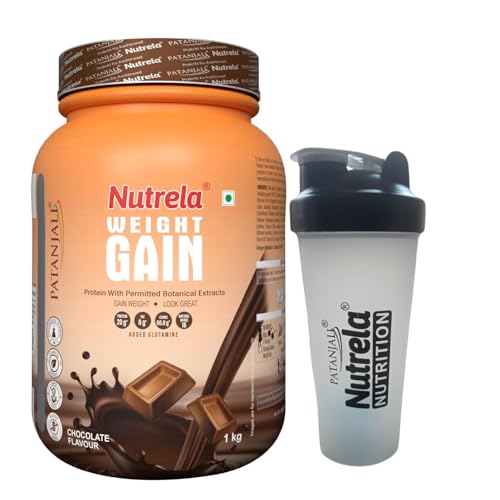 Image of Nutrela Weight Gainer Powder - 1kg, Chocolate Flavour with Free Shaker| 20g Protein, 66.8 Carbs, 13 Vitamins & 12 Minerals with Khandsari Sugar | Ideal for Athlete, Men, Women & Kids above 10 Year