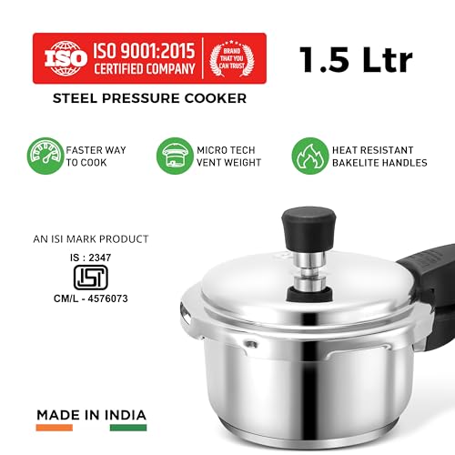 Image of 1.5 Litres Pressure Cooker | Outer Lid | Stainless Steel | Induction & Gas Stove Compatible | ISI Certified | 5 Years Manufacturer's Warranty
