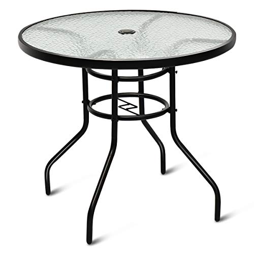 COSTWAY Tavolino da Giardino Rotondo con Foro per Ombrellone, Tavolino da Esterno in Metallo e Vetro, per Cortile Giardino Balcone, 81x81x71cm (Rotondo)
