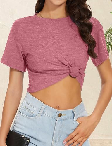 Image of Womens Summer Crop Tops Short Sleeve Round Neck T-Shirts Loose Fit Casual Blouse 2026