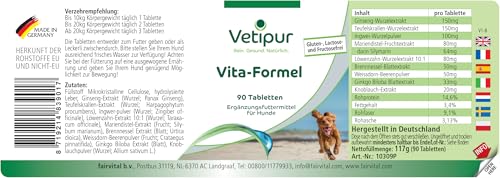 Vetipur Vita-Formel - 90 Tabletten - Rundumversorgung mit Ginseng, Teufelskralle, Ingwer, Mariendistel, Löwenzahn, Brennnessel, Weissdorn und Gingko Biloba - Futterergänzung für Hunde