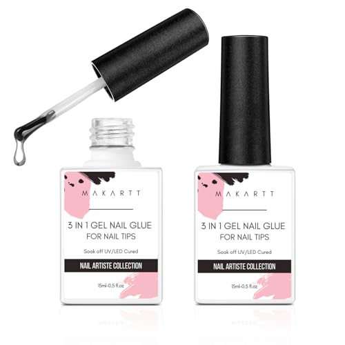 Makartt Gel Nail Glue: 3 in 1 Nail Glue Acrylic Nails Extension Super Strong Adhesive Bond Long Lasting Brush on Glues for Tips Base Coat & Slip Solution & Stick Rhinestone Curing Needed 2pcs 15ml