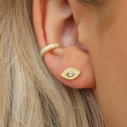 18K Gold Evil Eye Stud Earrings – Dainty White Zircon Protection Jewelry for Women – Hypoallergenic Minimalist Studs by Malibu Sunday2
